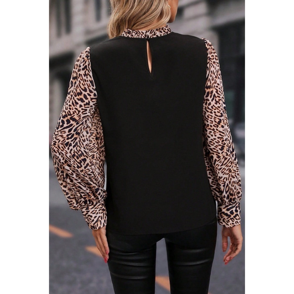Black Contrast Leopard Print Lantern Sleeve Blouse - Picture 2 of 2